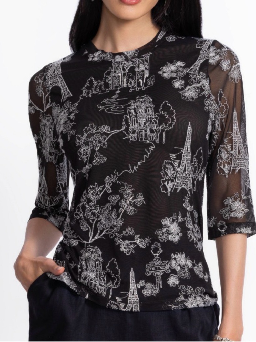 Johnny Was Black Sheer Short-Sleeve Tee with White Parisian Motif